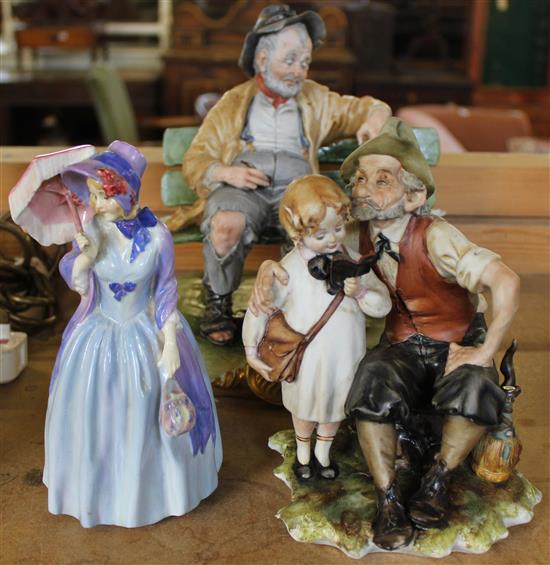 2 capo di monte groups of tramps and doulton figure Miss Demure